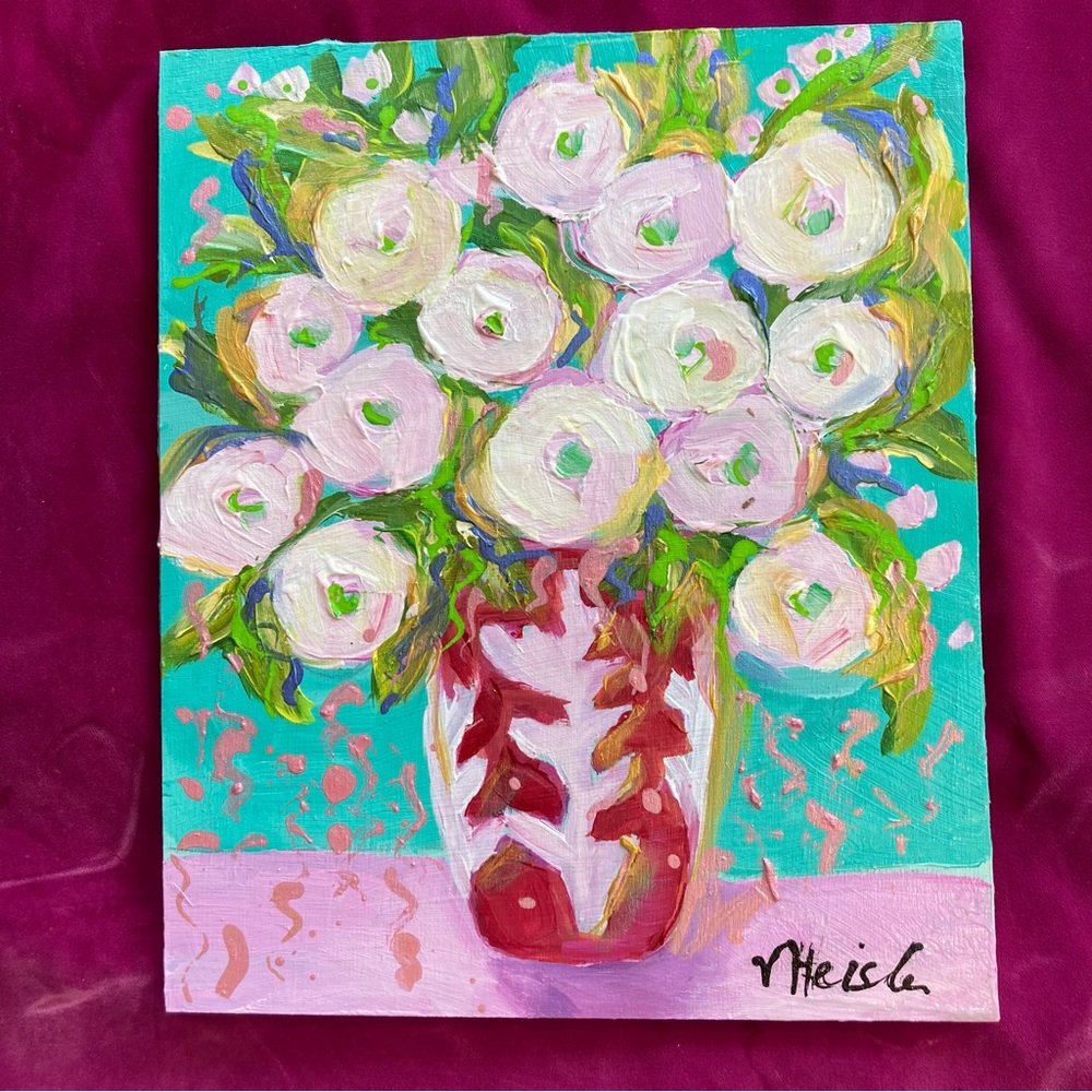 Pink Spring Peonies an Acrylic Painting On Wood Panel Original 12”x10”